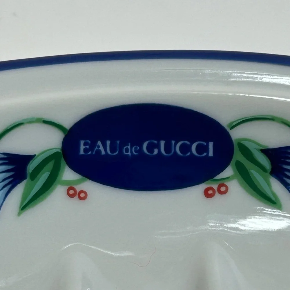 Vintage Eau de Gucci Woodmere China Porcelain Soap Dish Blue Floral Oval